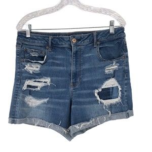 American Eagle AEO Super Hi-Rise Shortie Shorts Size 14 Blue Jeans Distressed